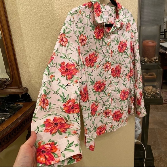 CHARTER CLUB Women Floral Linen Blend Button Long Sleeve Shirt Size Large - Picture 2 of 9